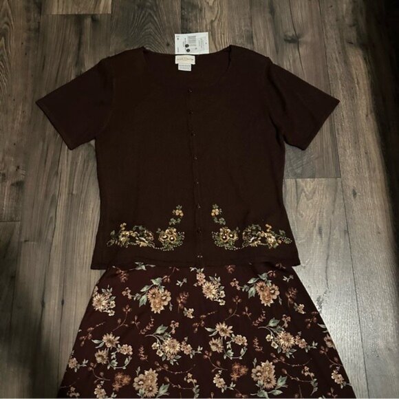 Jaclyn Smith Vintage Floral Two-Piece Set Brown Top M Maxi Skirt L Cottagecore - Picture 3 of 10